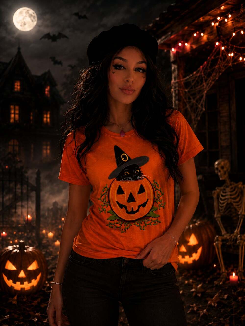 Halloween Kitty Graphic Tee Black Cat in Pumpkin Orange Shirt Sz.M